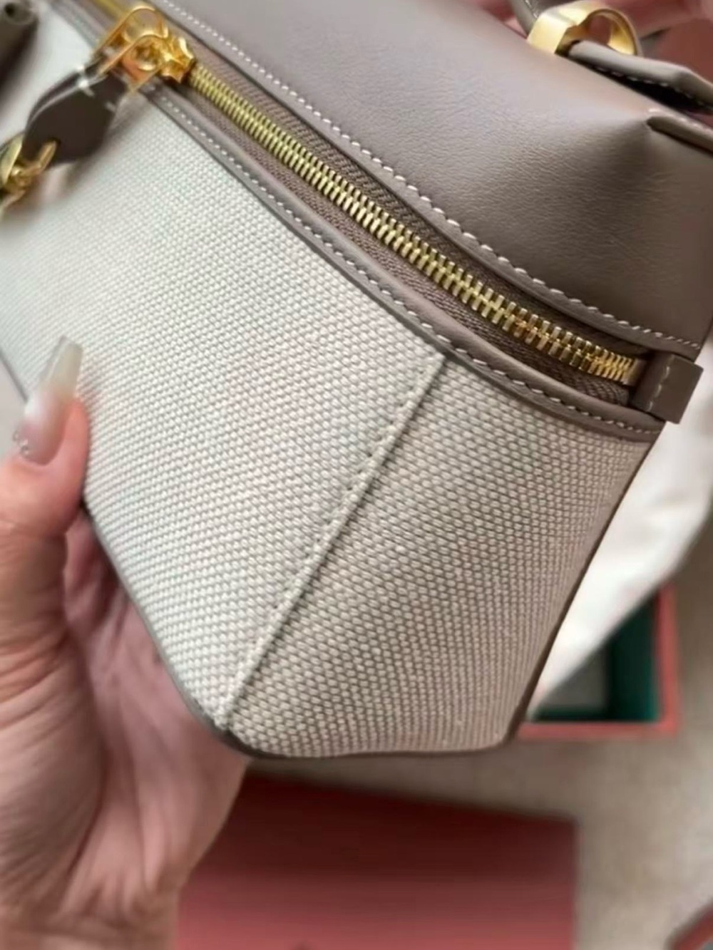 Taupe and Cream Top-Handle Mini Vanity Bag with Gold Hardware - Picture 2 of 6